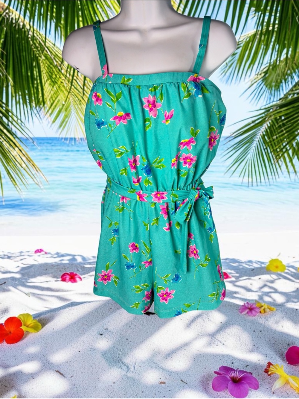 Ceeb Women’s aqua floral romper swim One Piece Swimsuit Sz 16 Tie-Waist